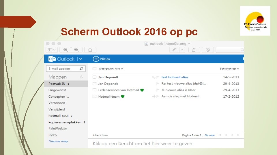 Scherm Outlook 2016 op pc 