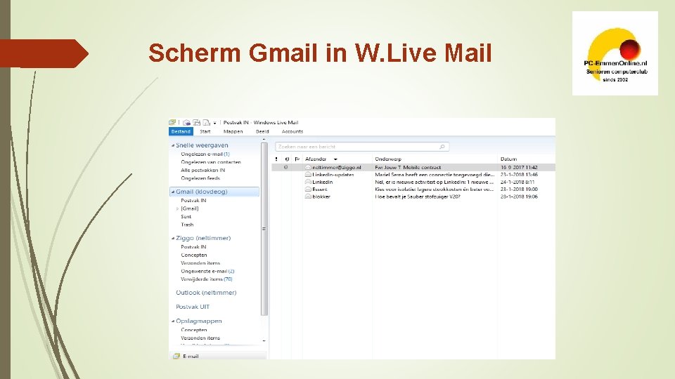 Scherm Gmail in W. Live Mail 