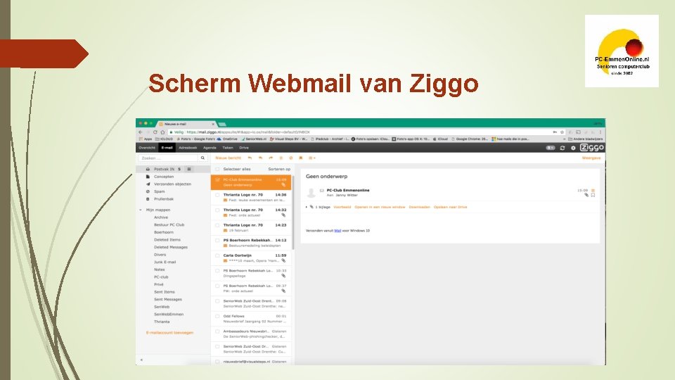 Scherm Webmail van Ziggo 