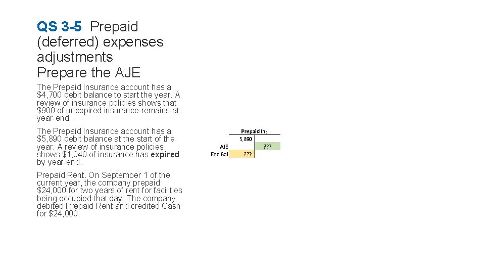 QS 3 -5 Prepaid (deferred) expenses adjustments Prepare the AJE The Prepaid Insurance account