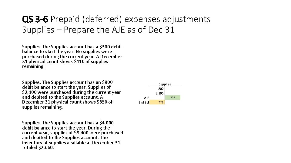 QS 3 -6 Prepaid (deferred) expenses adjustments Supplies – Prepare the AJE as of