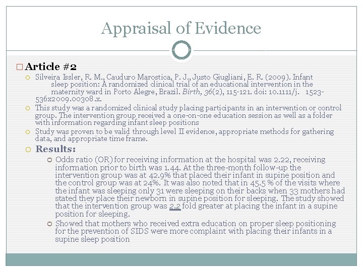 Appraisal of Evidence � Article #2 Silveira Issler, R. M. , Cauduro Marostica, P.