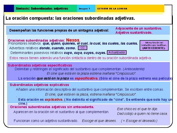 Sintaxis: Subordinadas adjetivas Imagen 1 ESTUDIO DE LA LENGUA La oración compuesta: las oraciones