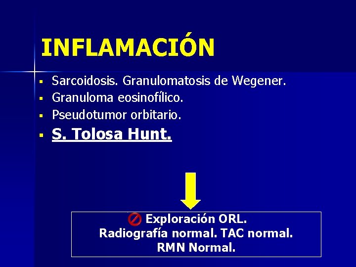INFLAMACIÓN § Sarcoidosis. Granulomatosis de Wegener. Granuloma eosinofílico. Pseudotumor orbitario. § S. Tolosa Hunt.