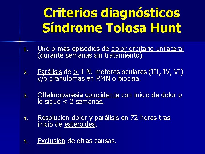 Criterios diagnósticos Síndrome Tolosa Hunt 1. Uno o más episodios de dolor orbitario unilateral