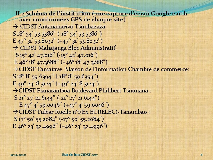  II. 2 Schéma de l’institution (une capture d’écran Google earth avec coordonnées GPS