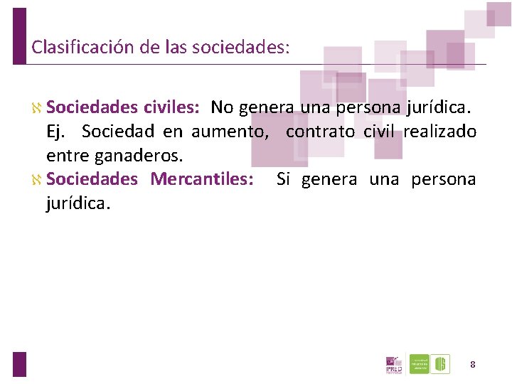 Clasificación de las sociedades: Sociedades civiles: No genera una persona jurídica. Ej. Sociedad en