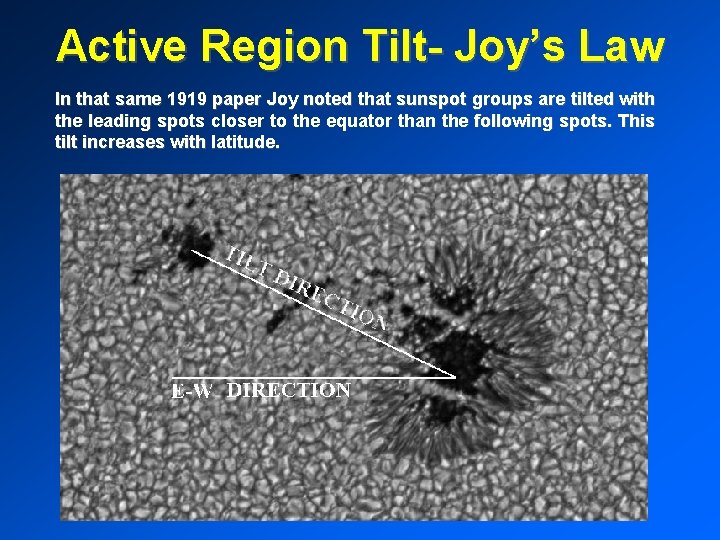 Active Region Tilt- Joy’s Law In that same 1919 paper Joy noted that sunspot