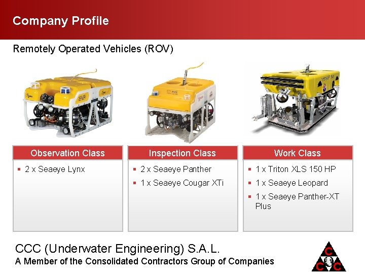 Company Profile Remotely Operated Vehicles (ROV) Observation Class § 2 x Seaeye Lynx Inspection