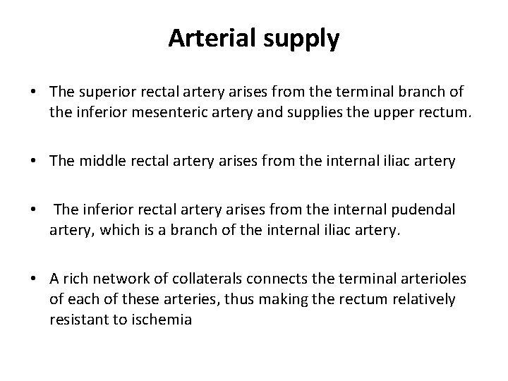 Arterial supply • The superior rectal artery arises from the terminal branch of the