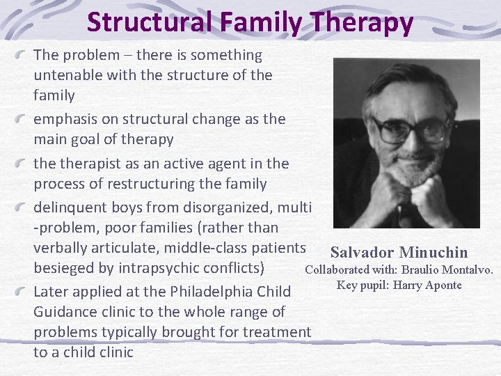 Structural Family Therapy The problem – there is something untenable with the structure of