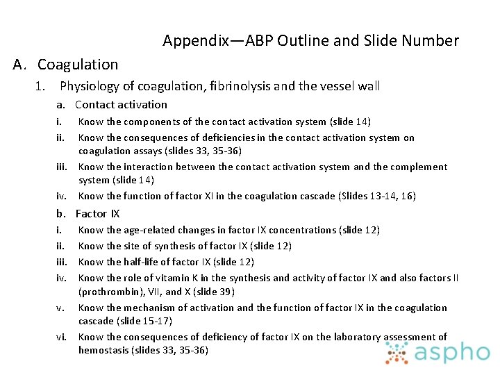 Appendix—ABP Outline and Slide Number A. Coagulation 1. Physiology of coagulation, fibrinolysis and the