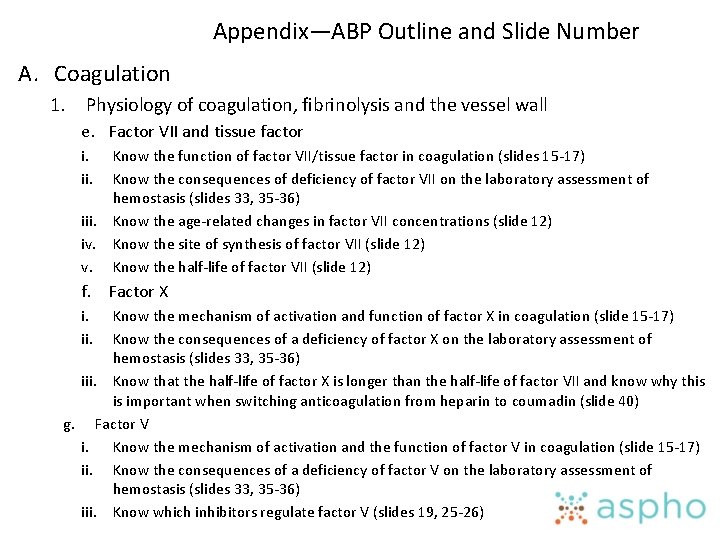 Appendix—ABP Outline and Slide Number A. Coagulation 1. Physiology of coagulation, fibrinolysis and the