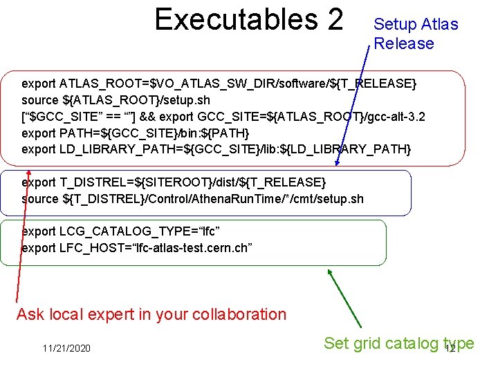 Executables 2 Setup Atlas Release export ATLAS_ROOT=$VO_ATLAS_SW_DIR/software/${T_RELEASE} source ${ATLAS_ROOT}/setup. sh [“$GCC_SITE” == “”] &&