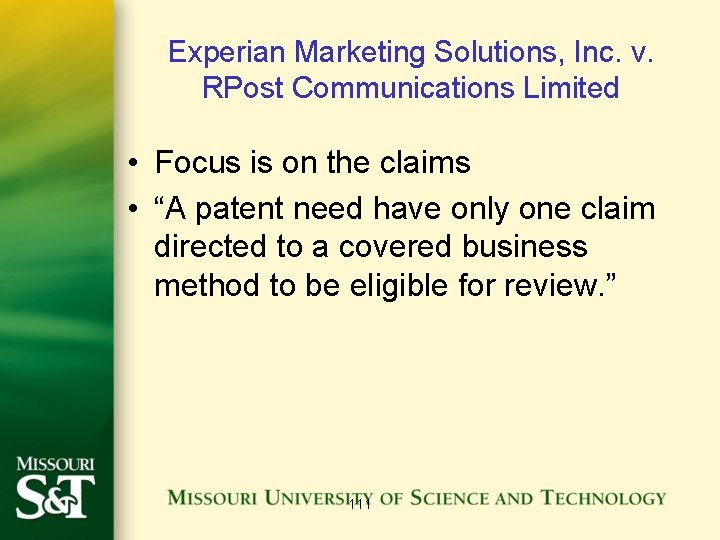 Experian Marketing Solutions, Inc. v. RPost Communications Limited • Focus is on the claims