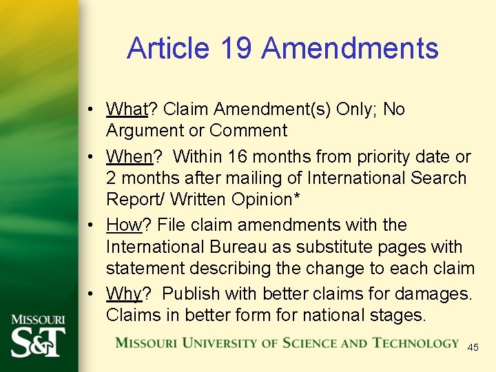 Article 19 Amendments • What? Claim Amendment(s) Only; No Argument or Comment • When?