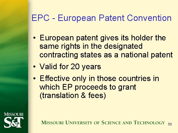 EPC - European Patent Convention • European patent gives its holder the same rights