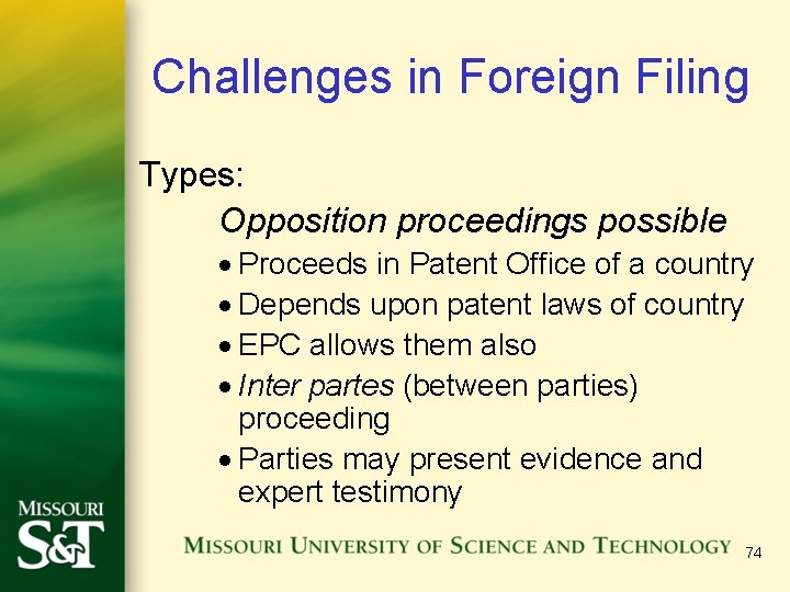 Challenges in Foreign Filing Types: Opposition proceedings possible · Proceeds in Patent Office of