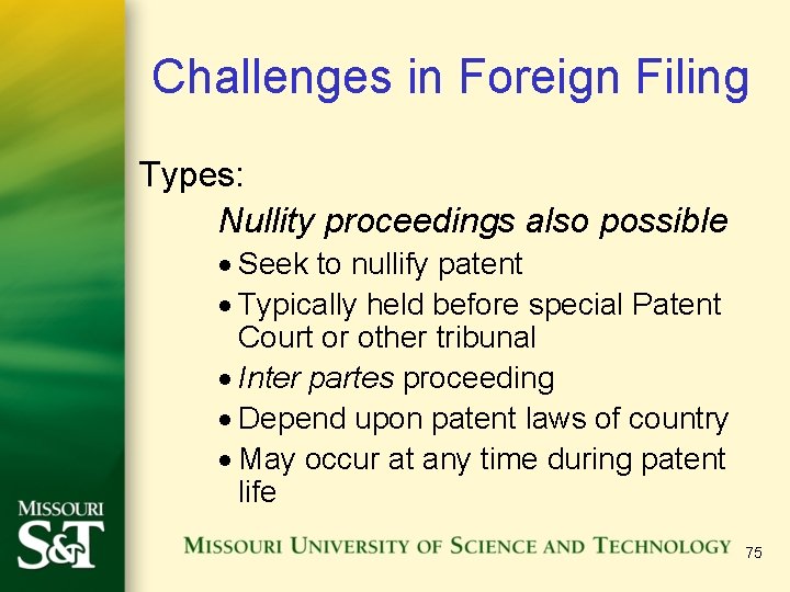 Challenges in Foreign Filing Types: Nullity proceedings also possible · Seek to nullify patent