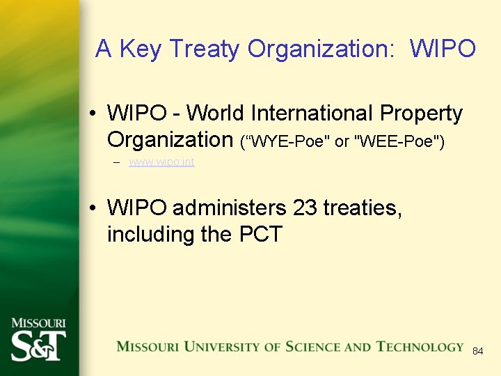 A Key Treaty Organization: WIPO • WIPO - World International Property Organization (“WYE-Poe" or