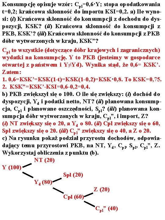 Konsumpcję opisuje wzór: Cpl=0, 6·Y; stopa opodatkowania t=0, 2; krańcowa skłonność do importu KSI=0, Konsumpcję opisuje wzór: Cpl=0, 6·Y; stopa opodatkowania t=0, 2; krańcowa skłonność do importu KSI=0,
