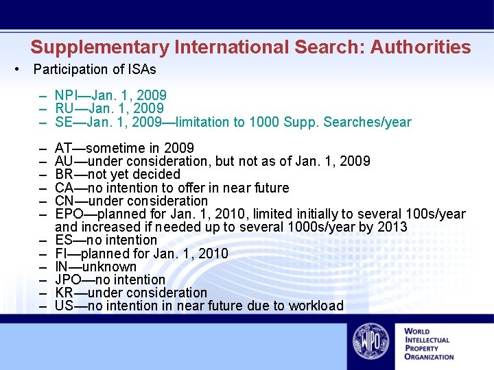 Supplementary International Search: Authorities • Participation of ISAs – NPI—Jan. 1, 2009 – RU—Jan.
