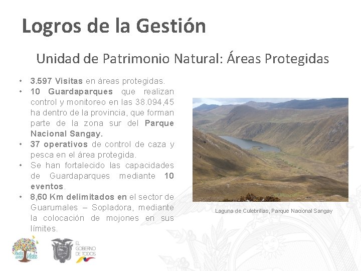 Logros de la Gestión Unidad de Patrimonio Natural: Áreas Protegidas • 3. 597 Visitas