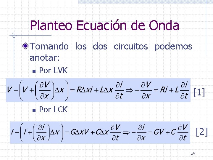 Planteo Ecuación de Onda Tomando los dos circuitos podemos anotar: n Por LVK [1]