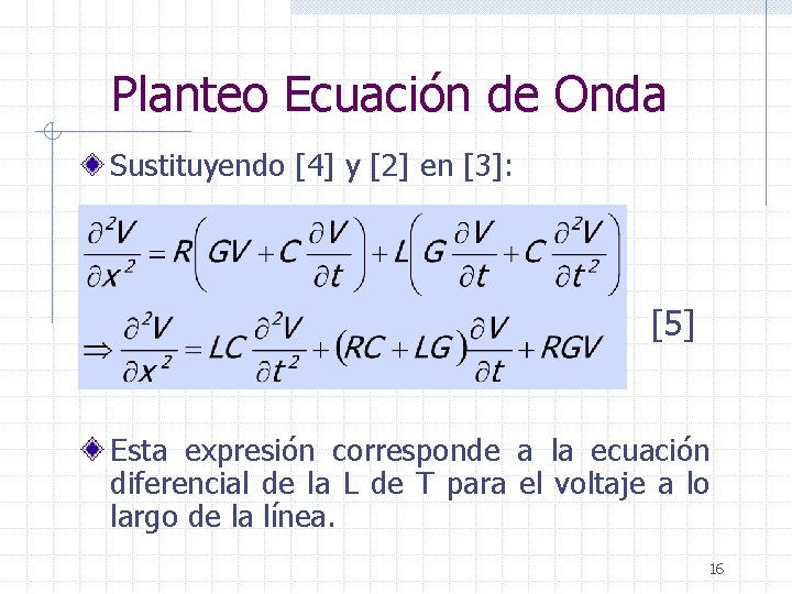 Planteo Ecuación de Onda Sustituyendo [4] y [2] en [3]: [5] Esta expresión corresponde