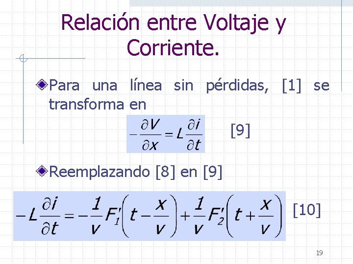 Relación entre Voltaje y Corriente. Para una línea sin pérdidas, [1] se transforma en