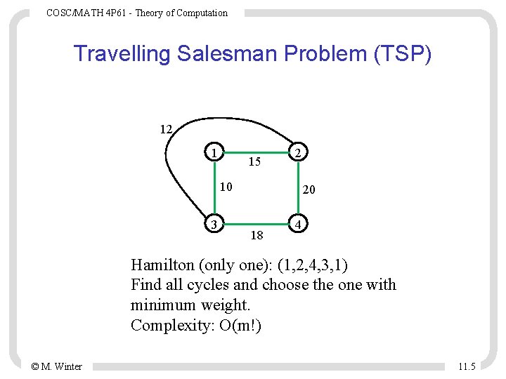 COSC/MATH 4 P 61 - Theory of Computation Travelling Salesman Problem (TSP) 12 1