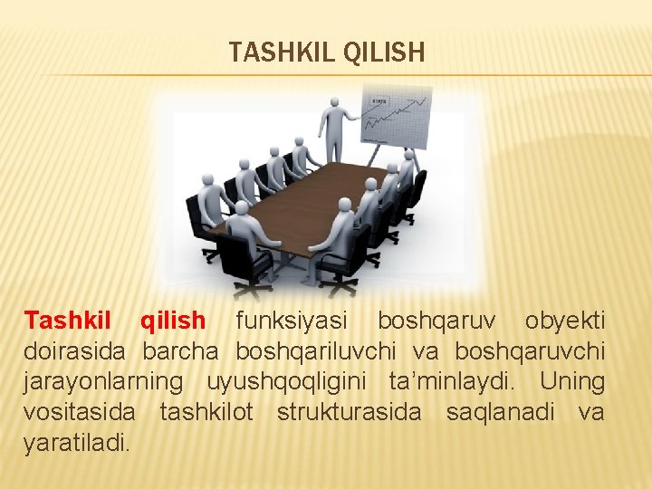 TASHKIL QILISH Tashkil qilish funksiyasi boshqaruv obyekti doirasida barcha boshqariluvchi va boshqaruvchi jarayonlarning uyushqoqligini