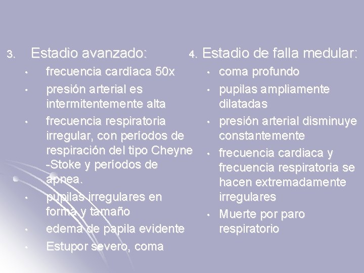Estadio avanzado: 3. • • • 4. frecuencia cardíaca 50 x presión arterial es