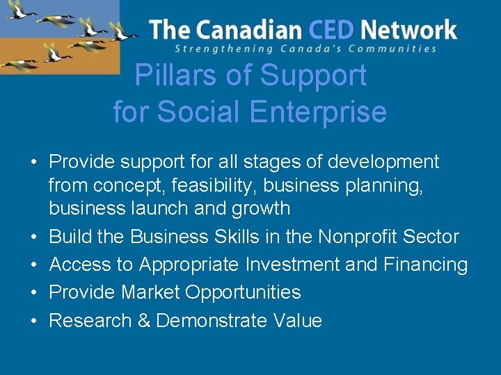 Pillars of Support for Social Enterprise • Provide support for all stages of development
