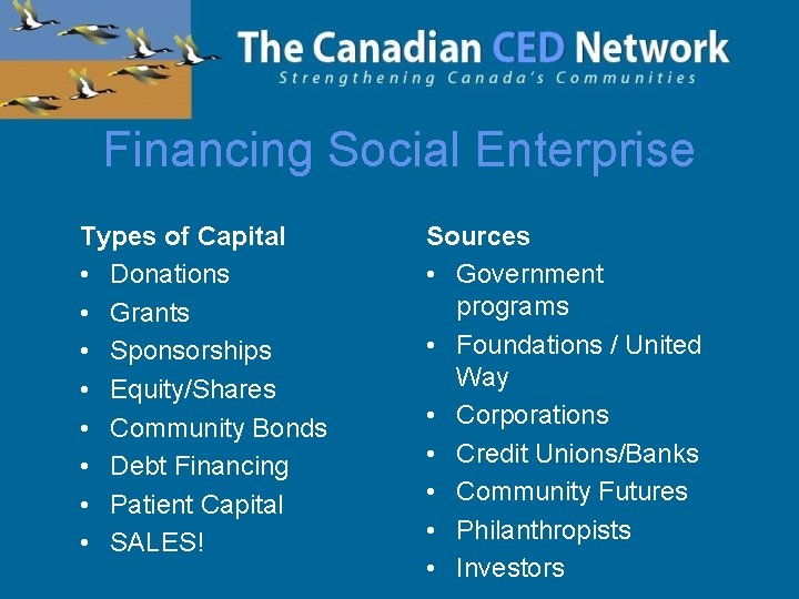 Financing Social Enterprise Types of Capital • Donations • Grants • Sponsorships • Equity/Shares