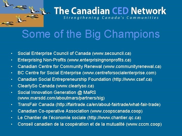 Some of the Big Champions • • • Social Enterprise Council of Canada (www.