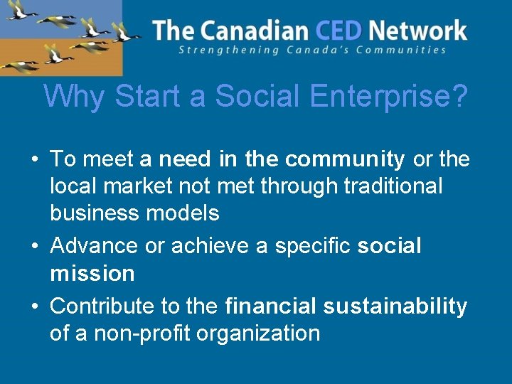 Why Start a Social Enterprise? • To meet a need in the community or