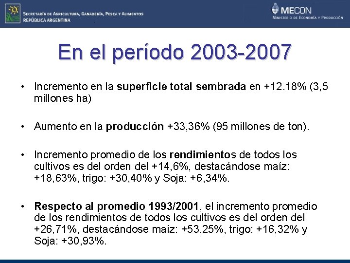 En el período 2003 -2007 • Incremento en la superficie total sembrada en +12.