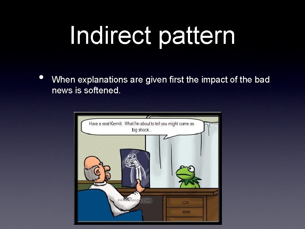 Indirect pattern • When explanations are given first the impact of the bad news