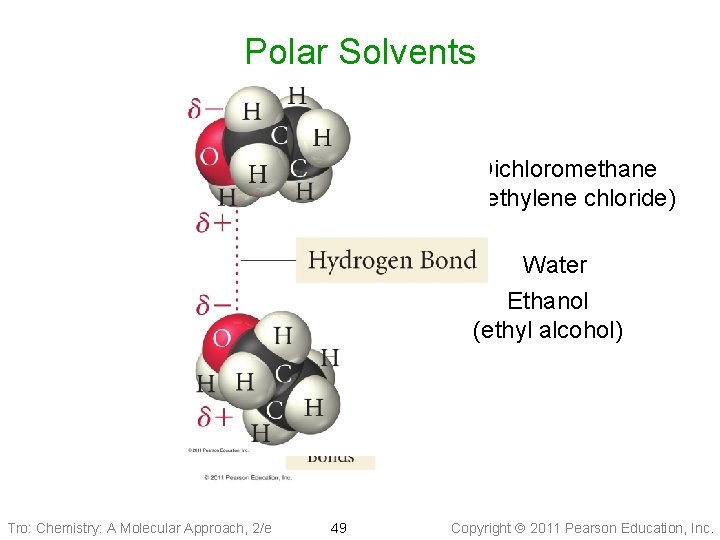 Polar Solvents Dichloromethane (methylene chloride) Water Ethanol (ethyl alcohol) Tro: Chemistry: A Molecular Approach,
