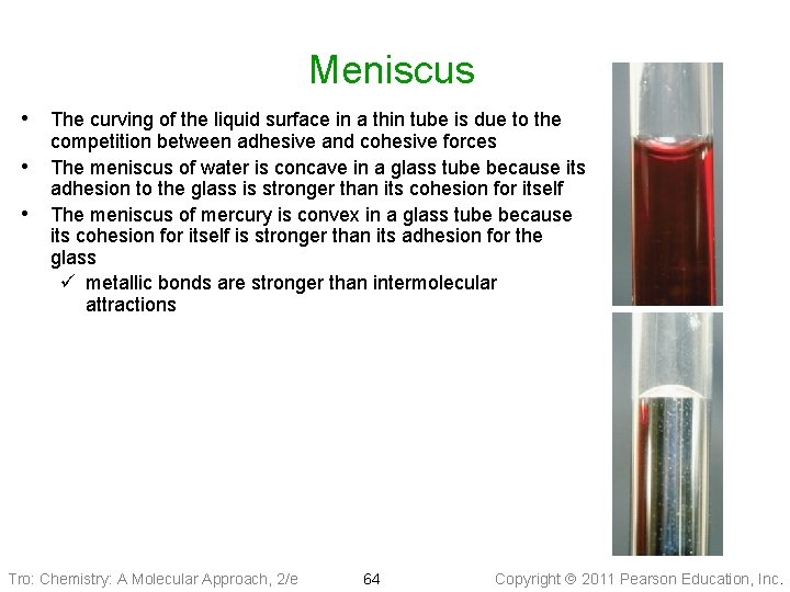 Meniscus • The curving of the liquid surface in a thin tube is due