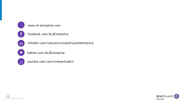 www. al-enterprise. com facebook. com/ALUEnterprise linkedin. com/company/alcatellucententerprise twitter. com/ALUEnterprise youtube. com/user/enterprise. ALU 32 