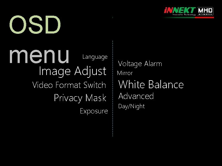 OSD menu Image Adjust Language Video Format Switch Privacy Mask Exposure Voltage Alarm Mirror