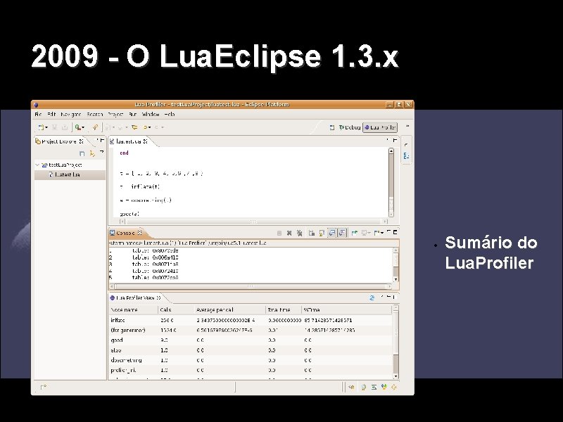 2009 - O Lua. Eclipse 1. 3. x Sumário do Lua. Profiler 