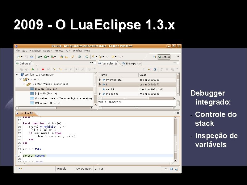 2009 - O Lua. Eclipse 1. 3. x Debugger integrado: Controle do stack Inspeção