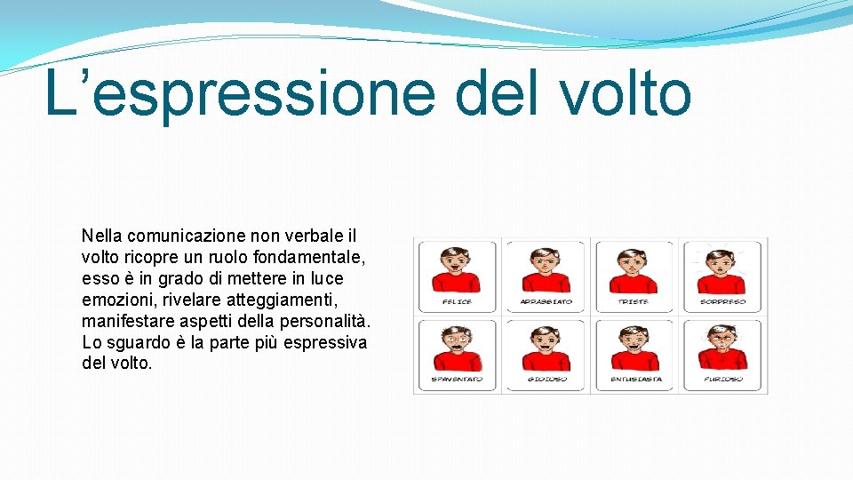 L’espressione del volto Nella comunicazione non verbale il volto ricopre un ruolo fondamentale, esso