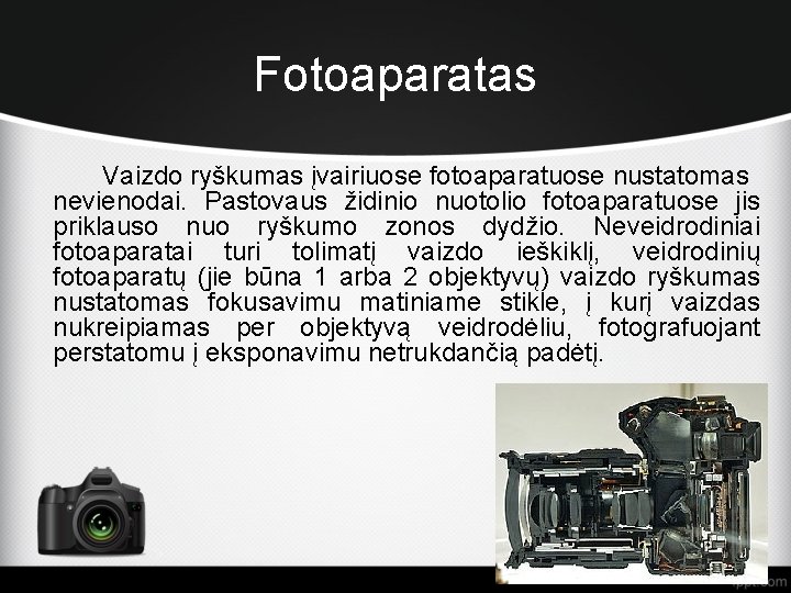 Fotoaparatas Vaizdo ryškumas įvairiuose fotoaparatuose nustatomas nevienodai. Pastovaus židinio nuotolio fotoaparatuose jis priklauso nuo