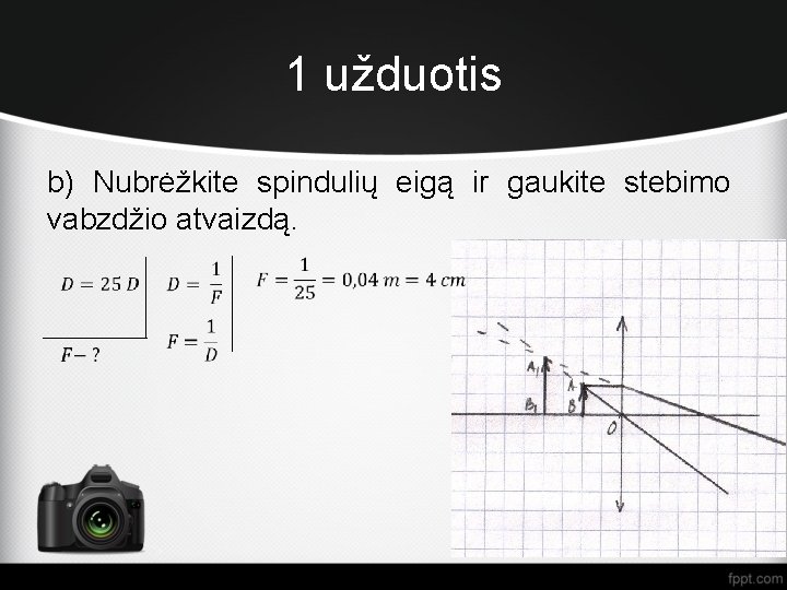 1 užduotis b) Nubrėžkite spindulių eigą ir gaukite stebimo vabzdžio atvaizdą. 