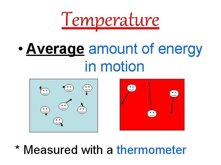 Temperature • Average amount of energy in motion * Measured with a thermometer 