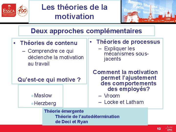 Les théories de la motivation Deux approches complémentaires • Théories de contenu – Comprendre
